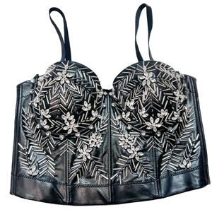Windsor Halter Corset Top Small PU Leather Spaghetti Strap Beaded Rhinestoned